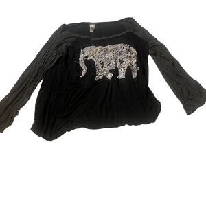 Nolita Sky Womens Black Gray Long Sleeve mosaic Elephant print shirt XL Stretch
